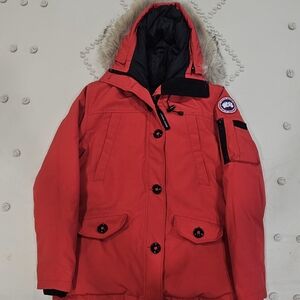 Canada Goose Montbello Red Hooded Parka with Fur Trim